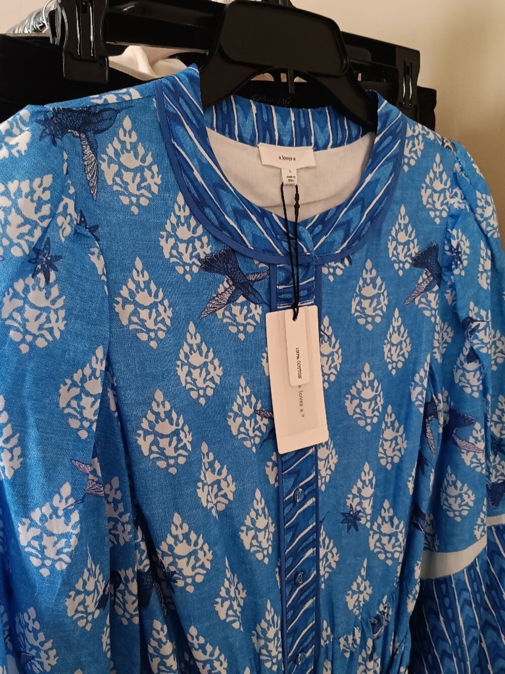 NWT Birds Flowers Fruit Alligators Blue White Cotton Maxi Long Sleeve Dress Sz S